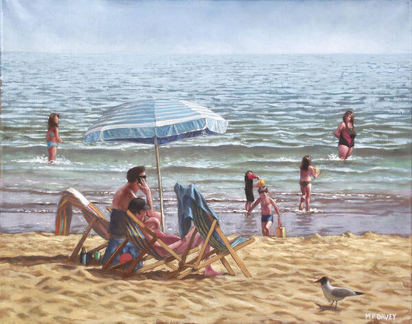 Bournemouth Art Print featuring the painting People On Bournemouth Beach Parasol by Martin Davey