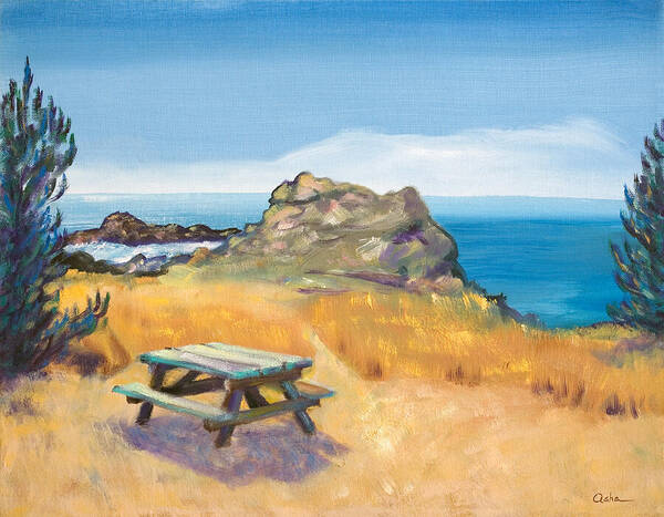 Seascape Painting Art Print featuring the painting Picnic Table and Ocean with Yellow Field by Asha Carolyn Young