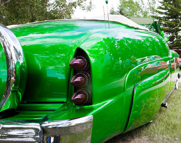 Custom Car Show Shine Classic Granum Alberta Canada Auto Automobile Chrome Hood Fender Bright Retro Green Poison Ivy Art Print featuring the photograph Poison Ivy green custom car by Mick Flynn