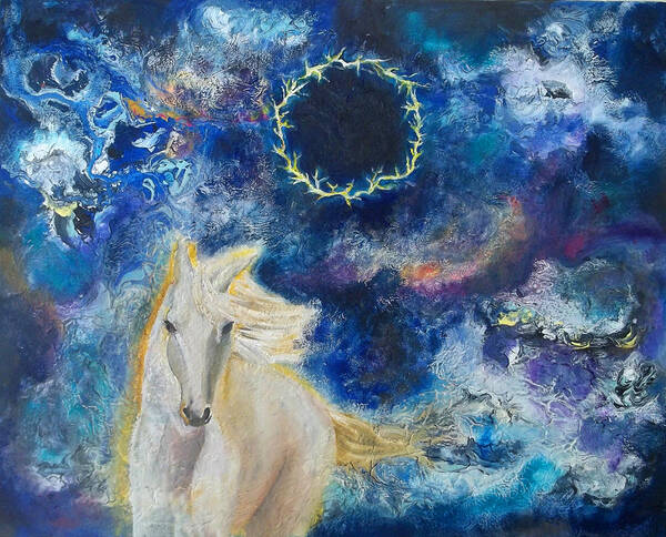 Prophetic Art Print featuring the painting Prophetic Message Sketch Painting 6 Ring of Lightning White Horse by Anne Cameron Cutri