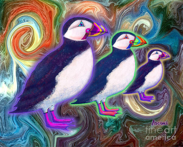 Puffins Art Print featuring the mixed media Purple Puffins by Teresa Ascone
