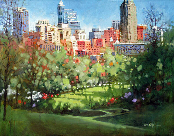 Raleigh Art Print featuring the painting Raleigh Spring Skyline by Dan Nelson