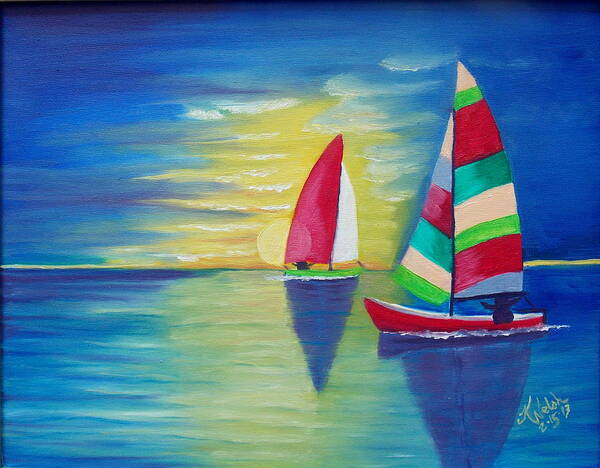 Sails Art Print featuring the painting Red Sails in the Sunset by Kathern Ware