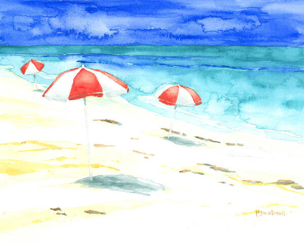 Beach Umbrellas Art Print featuring the painting Red Stripes by Pauline Walsh Jacobson