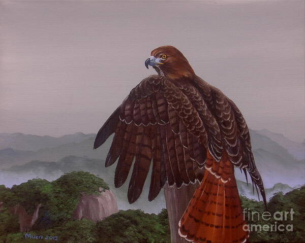 Red-tail Hawk Paintings Art Print featuring the painting Red-Tail Over Blue Ridge by Michael Allen