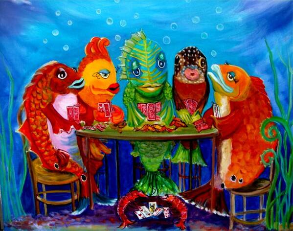 Fish Playing Poker Art Print featuring the painting Redfish Poker II by Linda Kegley