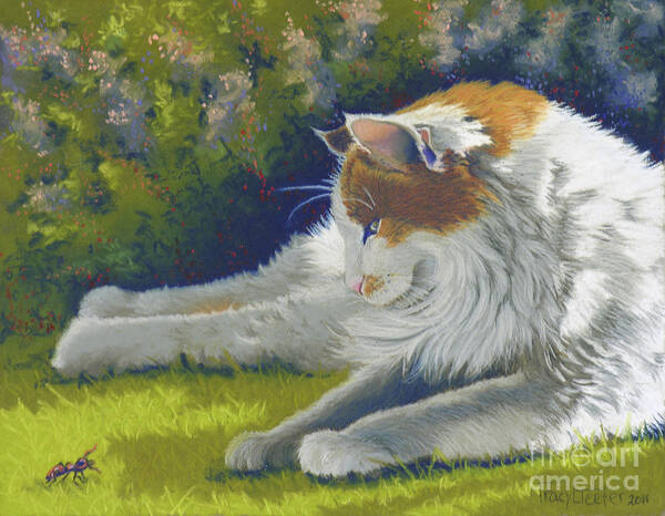 Cat Art Print featuring the pastel Roadblock - Cat and Bug by Tracy L Teeter 