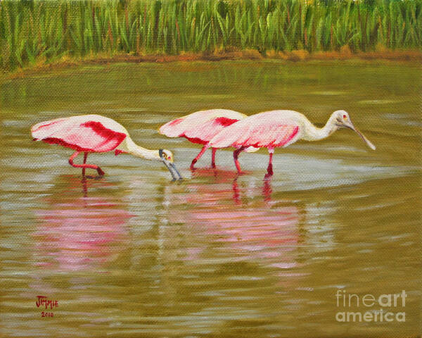 Matagorda Art Print featuring the painting Roseatte Spoonbill Party by Jimmie Bartlett