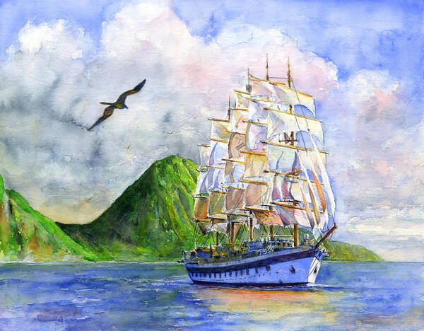 Caribbean Art Print featuring the painting Royal Clipper leaving St. Lucia by John D Benson