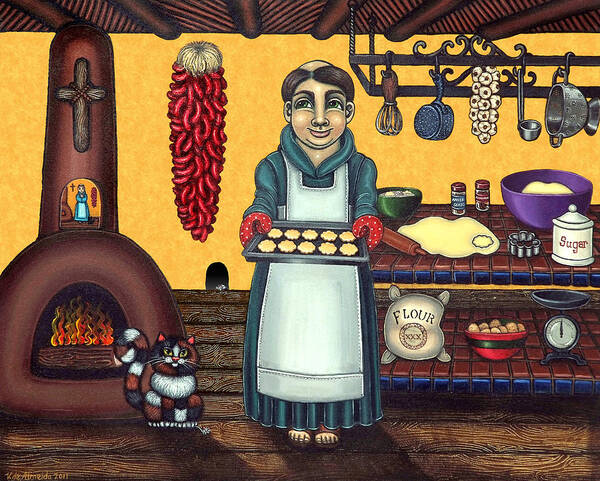 Folk Art Art Print featuring the painting San Pascual Making Biscochitos by Victoria De Almeida