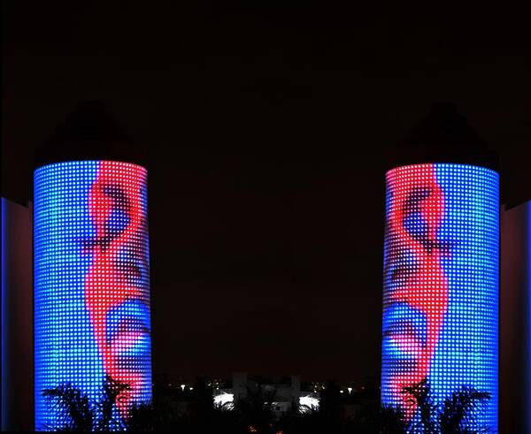 Miami Sobe South Beach Florida Edm Neon Lights Tower Art Deco Girl Woman Sexy Glow Night Life Dance Art Print featuring the photograph Seeing Double by Culture Cruxxx