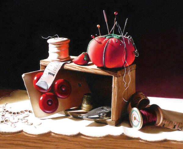 Sewing Art Print featuring the painting Sewing Box in Reds by Dianna Ponting