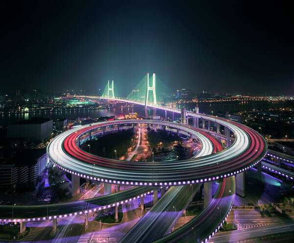 Built Structure Art Print featuring the photograph Shanghais Nanpu Bridge Illuminated At by Martin Puddy