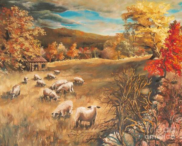 Oil Painting Art Print featuring the painting Sheep in October's field by Joy Nichols