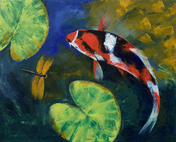 Showa Art Print featuring the painting Showa Koi and Dragonfly by Michael Creese