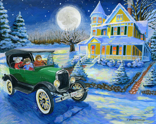 Car Model T Ford Vehicle Car Victorian House Cats Feline Kitten Winter Snow Moon Trees Whimsical Stars Night Cold Landscape Art Print featuring the painting Sister's Winter Jaunt by Jacquelin L Westerman