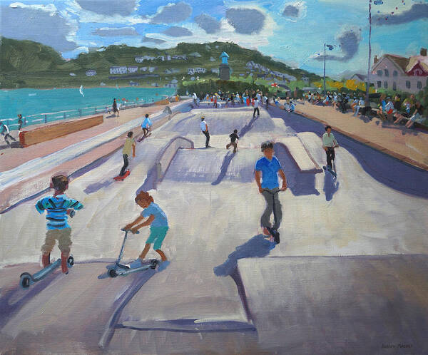 Andrew Macara Art Print featuring the painting Skateboaders Teignmouth by Andrew Macara
