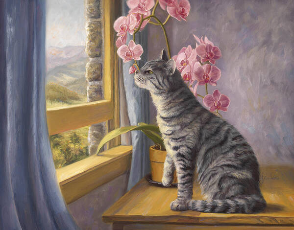 Cat Art Print featuring the painting Smelling The Flowers by Lucie Bilodeau