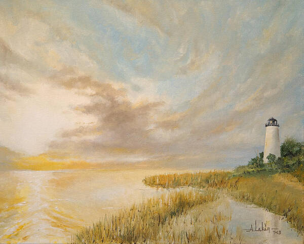 Seascape Art Print featuring the painting St Marks Lighthouse by Alan Lakin