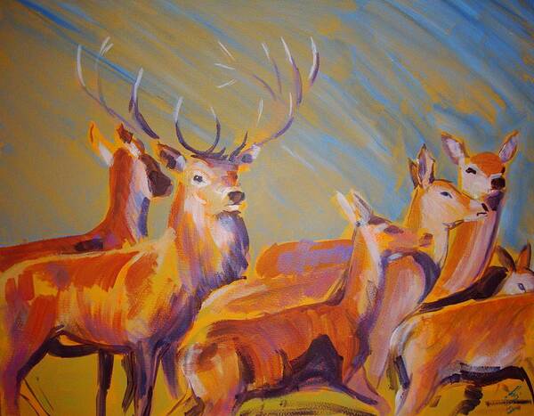 Deer Art Print featuring the painting Stag and Deer Painting by Mike Jory