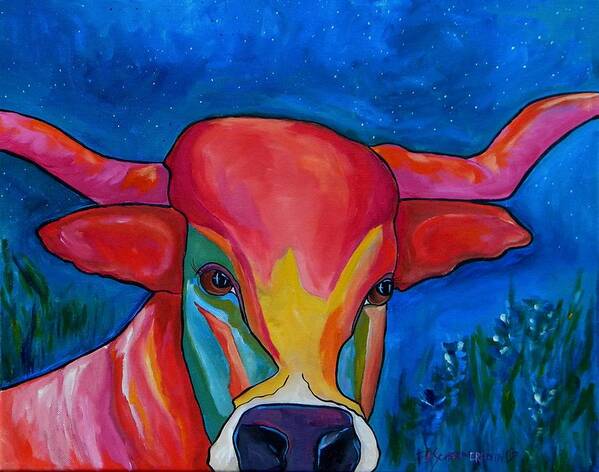 Longhorn Art Print featuring the painting Starry Night Longhorn by Patti Schermerhorn