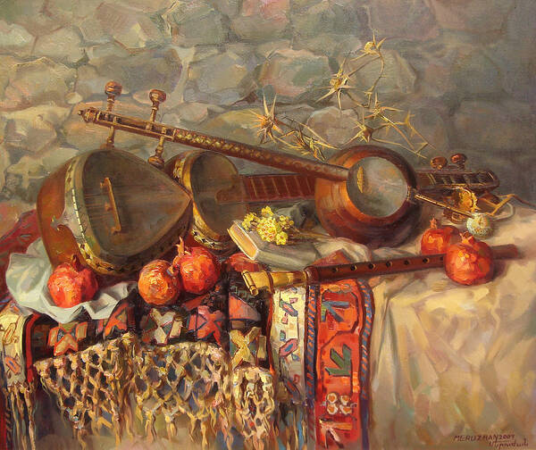 Armenian Art Print featuring the painting Still-life with Armenian musical instruments duduk thar and qyamancha by Meruzhan Khachatryan