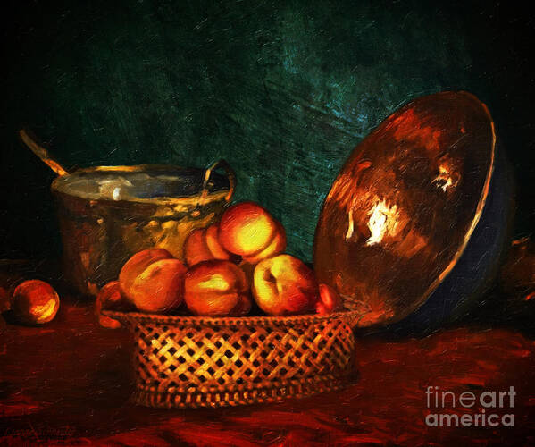 Peaches Art Print featuring the digital art Still Life With Peaches and Copper Bowl by Lianne Schneider