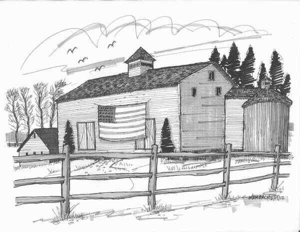 Barn Art Print featuring the drawing Stone Ridge Barn with Flag by Richard Wambach