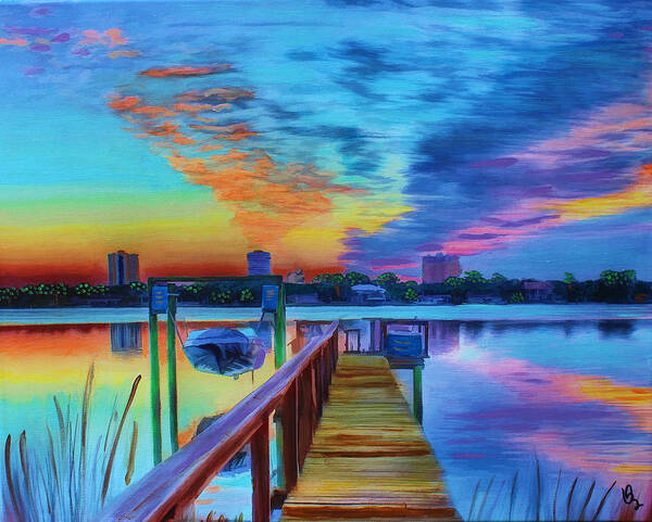 Boat Art Print featuring the painting Sunrise On The Dock by Deborah Boyd
