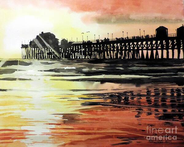 Sunset Art Print featuring the painting Sunset Oceanside Pier by Tom Riggs