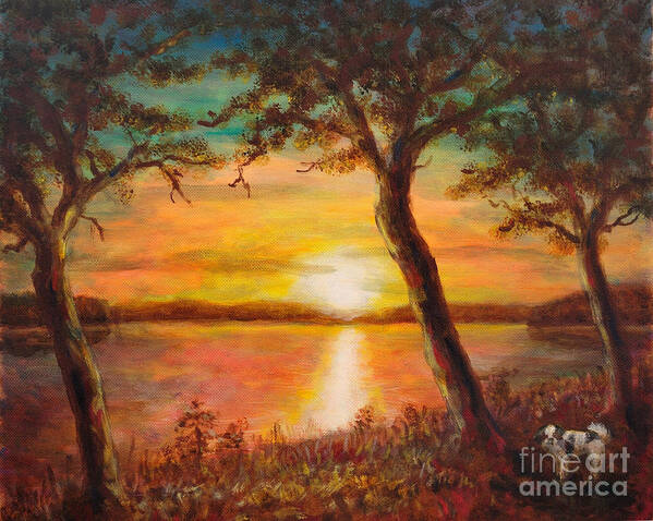 Twilight Landscape Art Print featuring the painting Sunset over the lake by Martin Capek