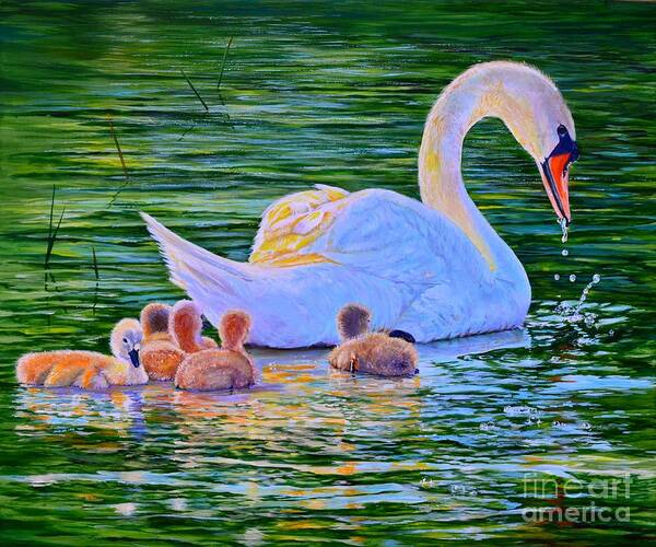 Beautiful Art Print featuring the painting Sunset Swan Family by AnnaJo Vahle