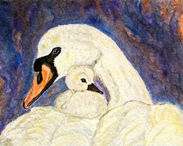 Painting Art Print featuring the painting Mother's Love Swan and Baby Painting by Ella Kaye Dickey