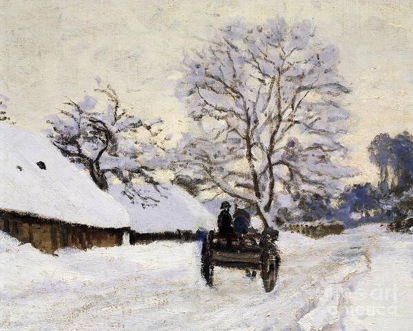 Claude Monet Art Print featuring the painting Cart, road under snow in Honfleur by Claude Monet