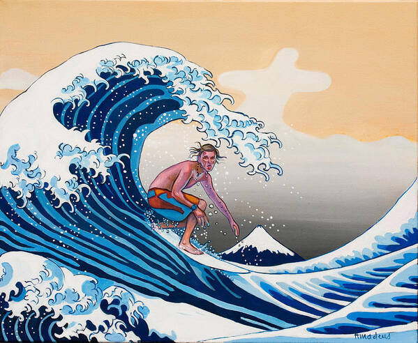 Surfer Art Print featuring the painting The great wave Amadeus series by Dominique Amendola