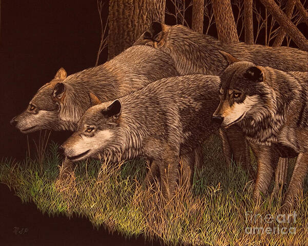 Wolves Art Print featuring the painting The Hunt by Margaret Sarah Pardy