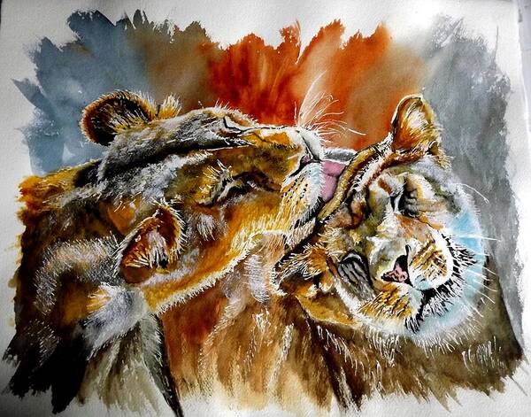 Lions Art Print featuring the painting The Kiss by Maris Sherwood