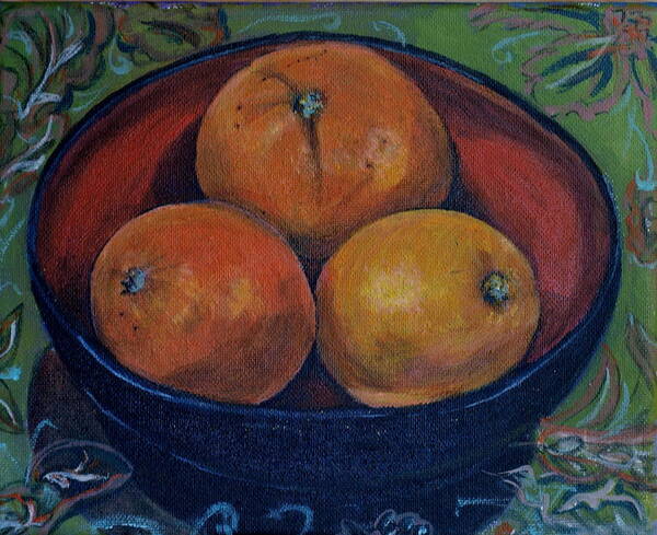 Three Oranges Art Print featuring the painting Three Oranges by Vera Lysenko