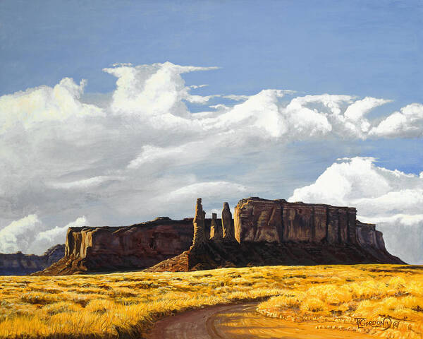 Landscape Art Print featuring the painting Three Sisters Monument Valley by Timithy L Gordon