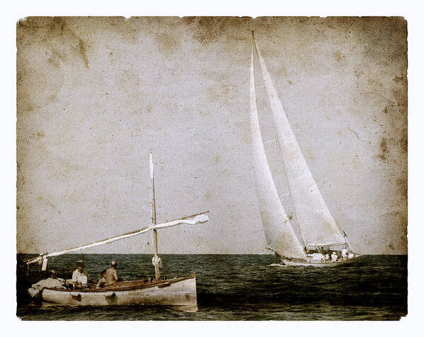 Photo Art Print featuring the photograph Time at sea as old times - A vintage mediterranean boat called llaud and a modern sailboat salutes by Pedro Cardona Llambias