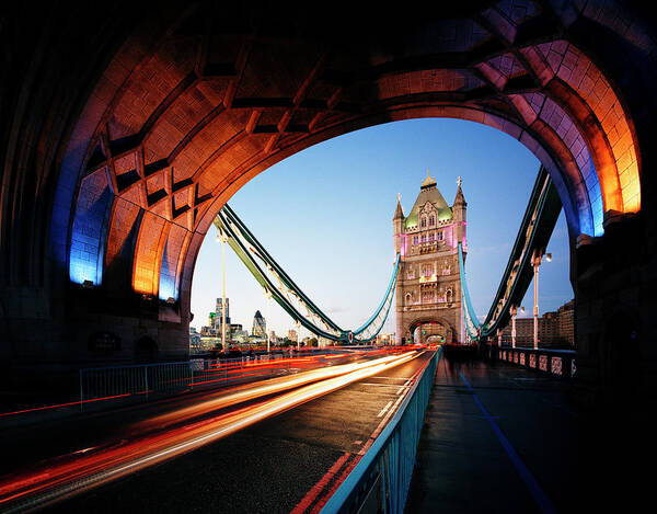 Arch Art Print featuring the photograph Tower Bridge And City Of London At Dusk by Gary Yeowell