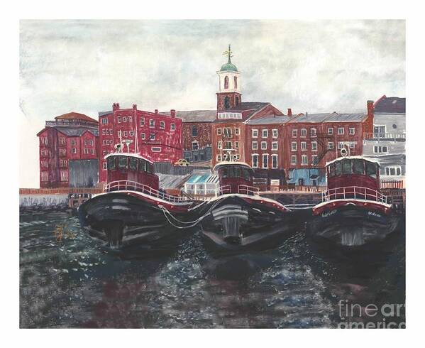 Tugboats Art Print featuring the pastel Tugboats of Portsmouth by Francois Lamothe
