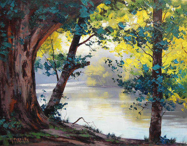 Atmospheric Original Landscape Oil Paintings Art Print featuring the painting Tumut River Australia by Graham Gercken