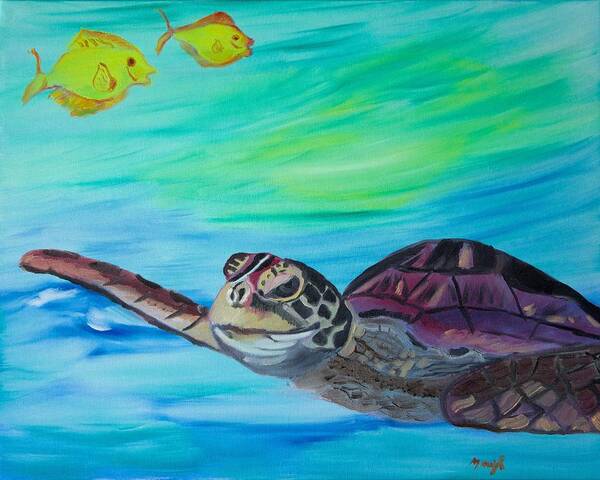 Water Turtle Art Print featuring the painting Traveling Through by Meryl Goudey