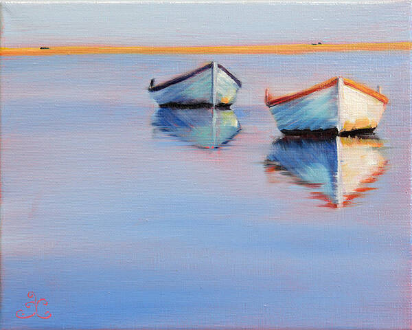 Row Art Print featuring the painting Twin Boats by Trina Teele