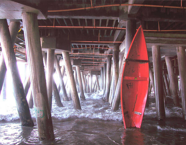 santa Monica Pier Boardwalk Row Boat Surf Coast Waves Ocean Bay California Red Water Art Print featuring the photograph Under the Boardwalk by Pamela A. Rogers by California Coastal Commission