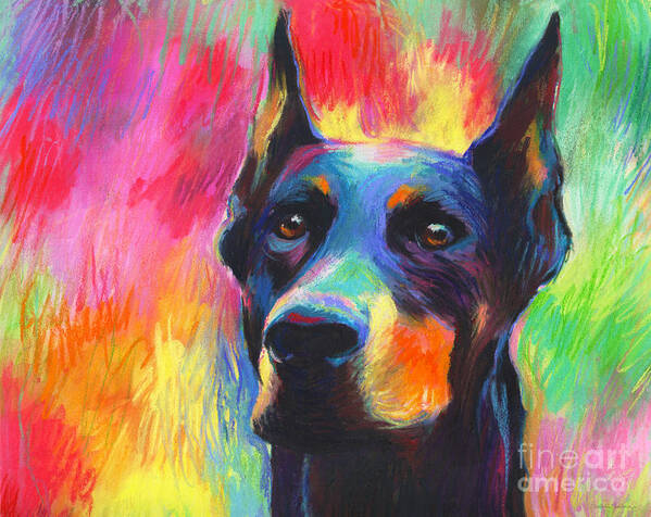 Doberman Pastel Art Print featuring the painting Vibrant Doberman Pincher dog painting by Svetlana Novikova