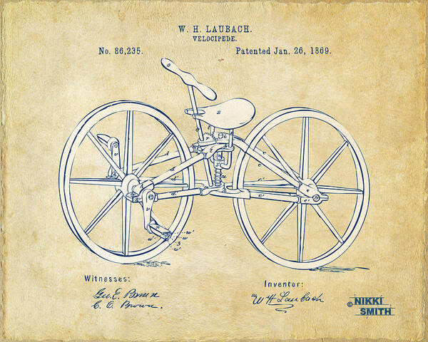Bicycle Art Print featuring the digital art Vintage 1869 Velocipede Bicycle Patent Artwork by Nikki Marie Smith