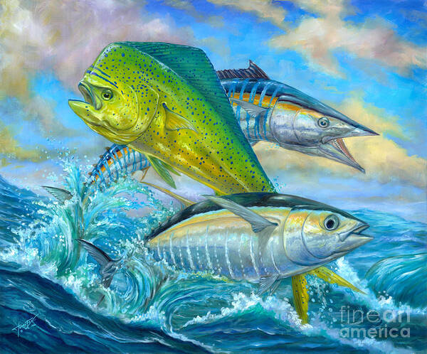 Mahi Mahi Art Print featuring the painting Wahoo Mahi Mahi And Tuna by Terry Fox