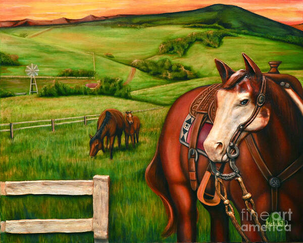 Horse Art Print featuring the painting Waiting for the Master by Ruben Archuleta - Art Gallery